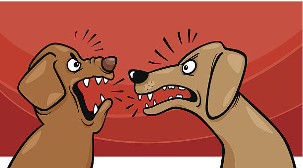 Cartoon Illustration of Two Angry Barking and Growling Dogs